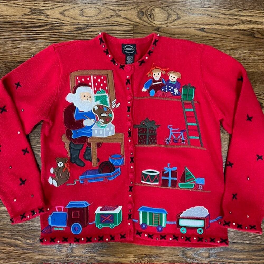VTG Christmas Cardigan Sweater Womens S Beaded Embroidered Santa Trains Cottage